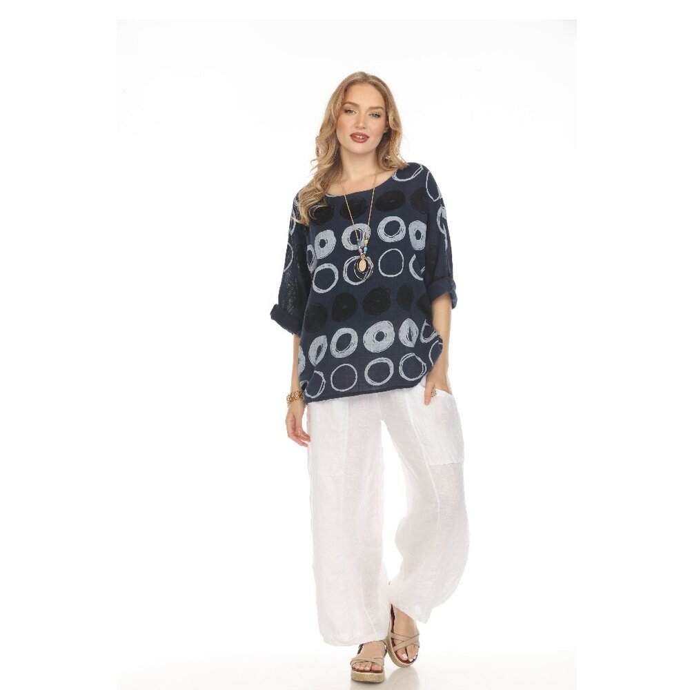 Navy Circular Patterned Boat Neck Top